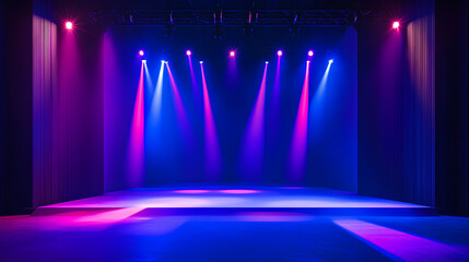 Modern dance stage with blue and purple light background with spotlight illuminated for modern dance production stage