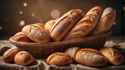 A basket filled with loaves of bread next to a pile of loaves.