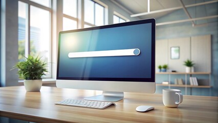 Obraz premium A sleek, modern computer screen displays a prominent search engine bar with glowing cursor, waiting for input, against a blurred white background with minimalist decor.
