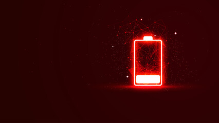 Low power battery illustration in the red neon light style. Futuristic glowing battery symbol with plexus lines and glitter particles. 3D abstract low poly copy space in the dark background