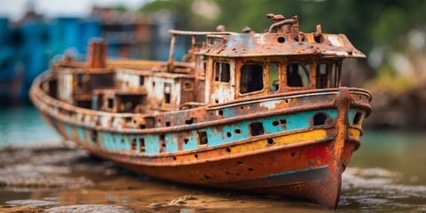 Close-up of a colorful, rusty, abandoned ship.