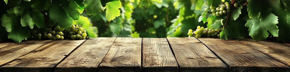 Background of green garden, grapevine and wooden table. 