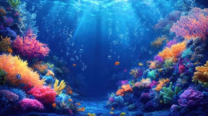 Naklejka premium Vibrant Underwater Coral Reef with Fish and Sunlight