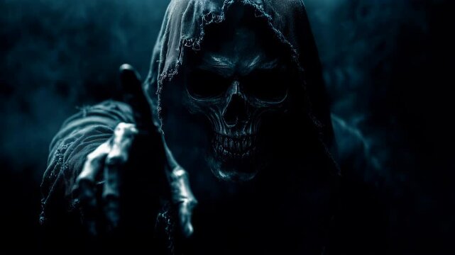 The grim reaper reaching towards the camera over black background