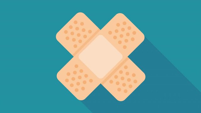Animation of a bandage falling from the top to the center on blue background with long shadow in flat design style