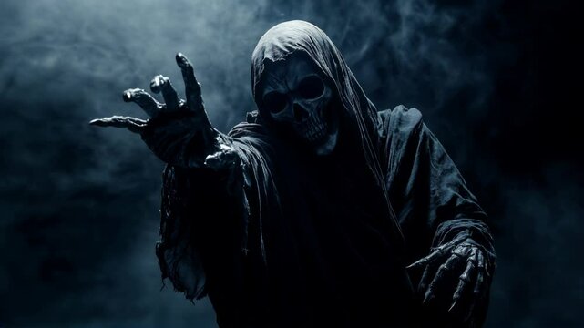 The grim reaper reaching towards the camera over black background