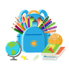 Modern Concept School Supplies with Backpack for kids. Back to School Design with, Globe, Books, Ball, Autumn Leaves in Modern Style. Collection school elements for stickers, posters, banners, sales.