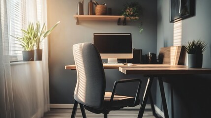 Close-up of a minimalist home office with a sleek desk, ergonomic chair, and minimalistic decor, focusing on a clean workspace