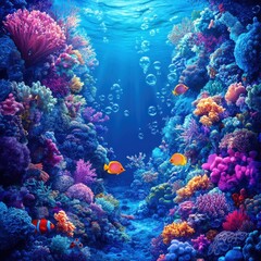 Obraz premium Vibrant Underwater Coral Reef with Colorful Fish and Bubbles