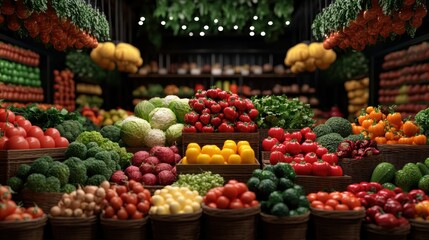 Obraz premium A colorful and abundant display of fresh vegetables arranged in baskets at a market, showcasing a variety of produce including peppers, tomatoes, and greens.