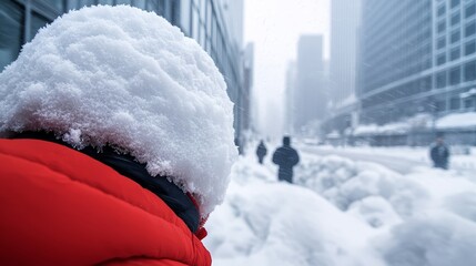 A snowstorm in the city, with snow piling up on streets and buildings, and people bundled up against the cold