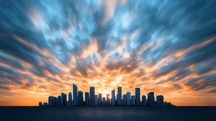 Obraz premium A city skyline under a dramatic sunset with layers of cirrus and cumulus clouds overhead, photorealistic, hyper-resolution, observing atmospheric beauty
