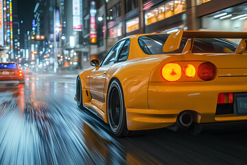  A yellow car with black wheels, racing down the streets