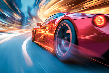 A red sports car speeding through the city, with a blurred background,