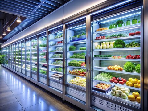 A sleek, modern walk-in cooler filled with rows of shelves stocked with fresh produce, meats, and dairy products, lit by bright LED lights.