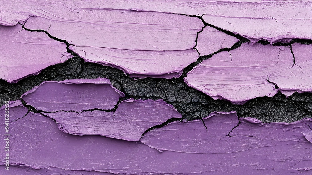 Wall mural close-up of a cracked wall with paint peeling off and purple paint on its sides