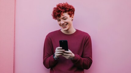Fototapeta premium Rose purple, red hair short curly hair, red brick walls, happy to play mobile phone