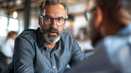 Obraz premium Close-up of stylish man with beard and glasses sitting at desk, with blurred colleague in foreground.