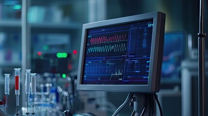 Fototapeta premium Close-up of a monitor displaying electrical signals and waveform data in a high-tech laboratory setting