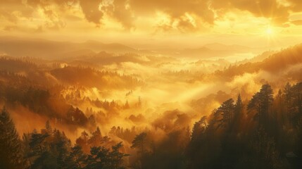 Fototapeta premium Sunrise over misty mountains, invigorating morning light, forest below, warm golden hues, serene and enchanting