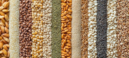 Autumn grain harvest, full screen of whole grains. different grains are poured in strips. 