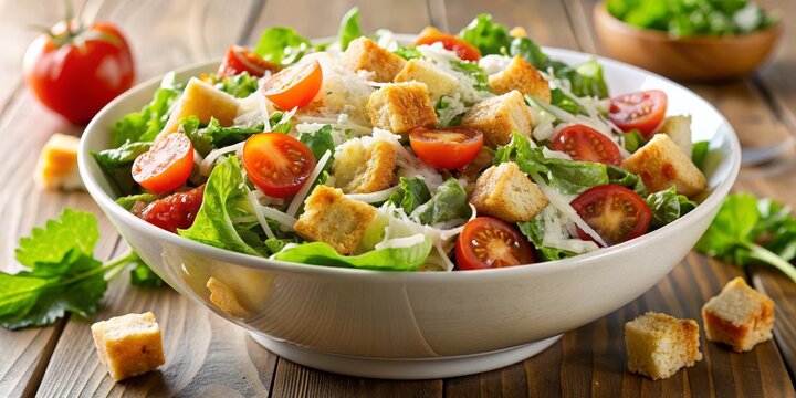 Fresh Caesar Salad with Croutons, Tomatoes and Parmesan Cheese, salad, food, healthy , recipe