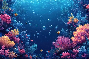 Naklejka premium Underwater Scene with Colorful Coral Reefs and Fish