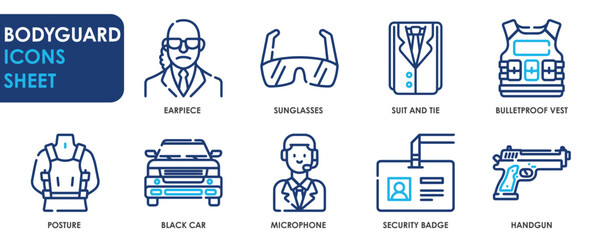 A set of line icons related to Bodyguard. Security, earpiece, bulletproof vest, badge, posture, and so on. Vector outline icons set.