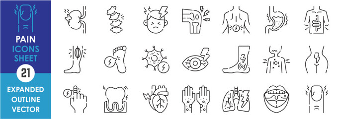 A set of line icons related to Pain. Ache, teeth, kidney, heart, head, stomach, mensuration, eyes, nail, wound, nerve, and so on. Vector outline icons sets.