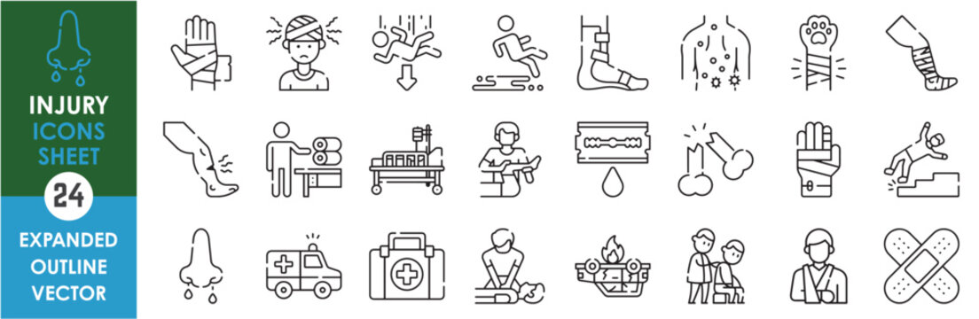 A set of line icons related to Injury. Pain, break, malfunction, bandage, fall, hurt, bleed, ambulance, cure, physical therapy, and so on. Vector outline icons set.