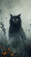 Black Cat Stalking in Misty Night with Glowing Eyes