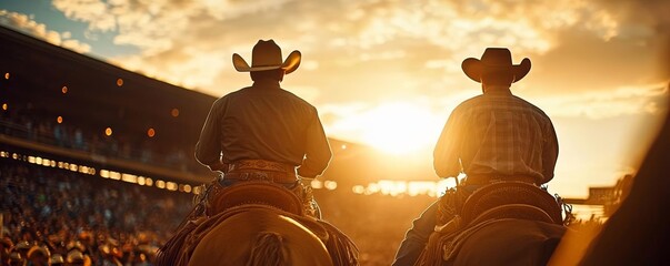Cowboys riding into the sunset at Calgary Stampede, vibrant skies with golden light reflecting off their outfits, crowds cheering in the arena