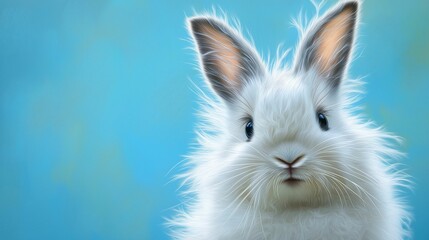 Obraz premium Adorable close-up of a fluffy rabbit with a curious expression, set against a bright blue background..