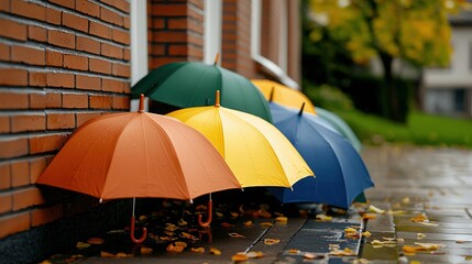   A colorful array of umbrellas rests beside a structure during a drizzly afternoon