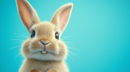 Adorable close-up of a fluffy rabbit with a curious expression, set against a bright blue background..