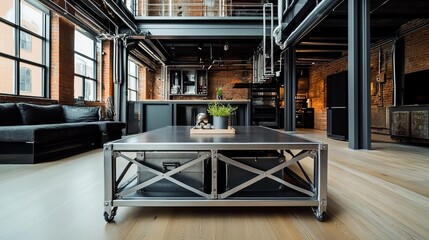 Fototapeta premium Industrial loft with a metal-framed coffee table and reclaimed wood accents, vintage charm, urban style