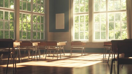A serene, empty classroom bathed in warm sunlight streaming through large windows, with wooden desks and chairs neatly arranged.