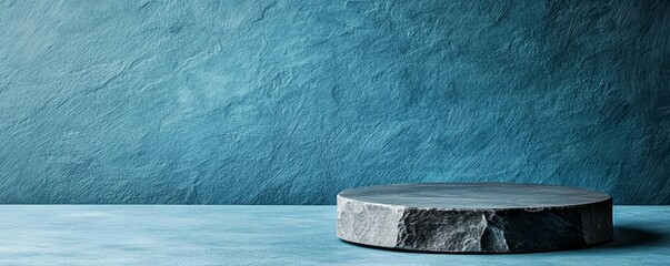 Rough blue stone podium on a matching blue textured background, evoking a cool and calm atmosphere, ideal for modern product displays