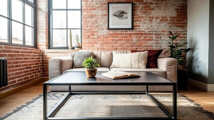 Industrial loft with a metal-framed coffee table and reclaimed wood accents, vintage charm, urban style