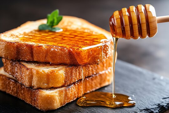 A stack of buttery toast with honey drizzled on top, captured in a warm, inviting kitchen setting with a cozy, nostalgic feel