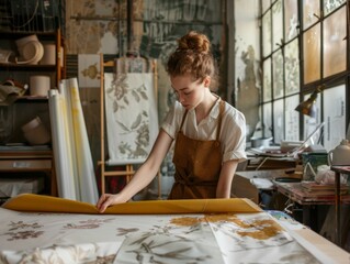 Fototapeta premium Craftsperson working on textile design in a creative studio adorned with natural light and artistic elements during the day
