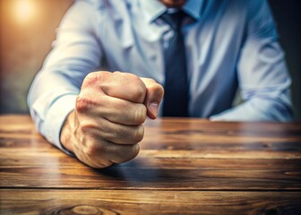 A strong fist slams down on a wooden desk, emphasizing determination and assertiveness, with a blurred background and shallow depth of field.