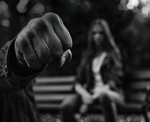 Close-up of Man's Fist in Black and White with Woman Sitting on Bench