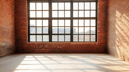 Industrial loft with exposed brick walls and large windows, natural light, urban living