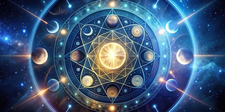 Mystical Lunar Ritual: Sacred geometry, crescent moon, celestial symbols, glowing runes, ethereal light, cosmic energy, spiritual connection