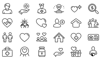 Download Care, Help, Charity And Donation Editable Stroke Outline Icons Set Isolated On White Background Flat Vector Illustration.  Svg File For Design.