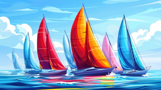 A regatta scene featuring a fleet of sailboats with modern colorful sails moving gracefully across calm azure waters framed by a clear sky and white clouds.