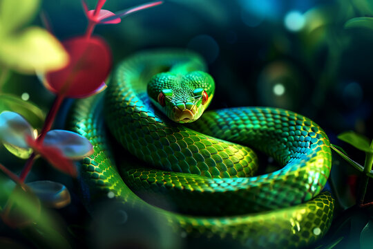 green snake on a branch	
