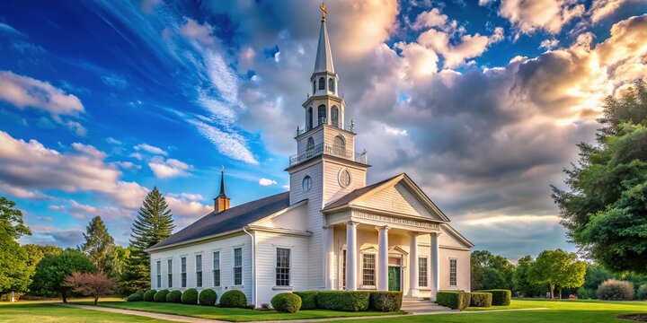 A stately white church with a tall steeple stands amidst a tranquil landscape, symbolizing faith, community, and spirituality within a Protestant tradition.