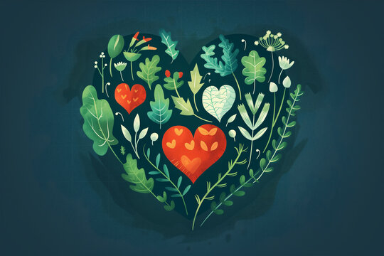 Heart-shaped design with a variety of green leaves and flowers. Generative AI image
